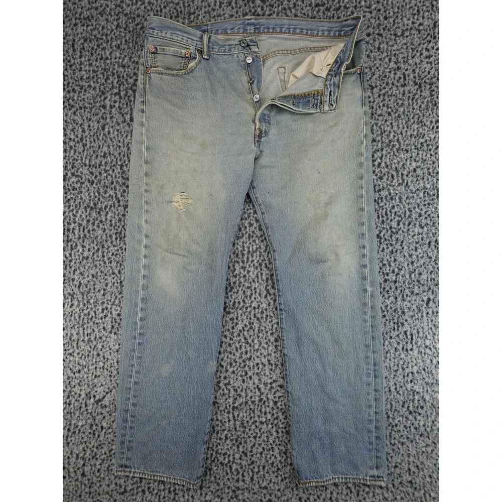 Levi's 501 Original Fit Mens W36 L33 Light Blue Distressed Button Fly Jeans